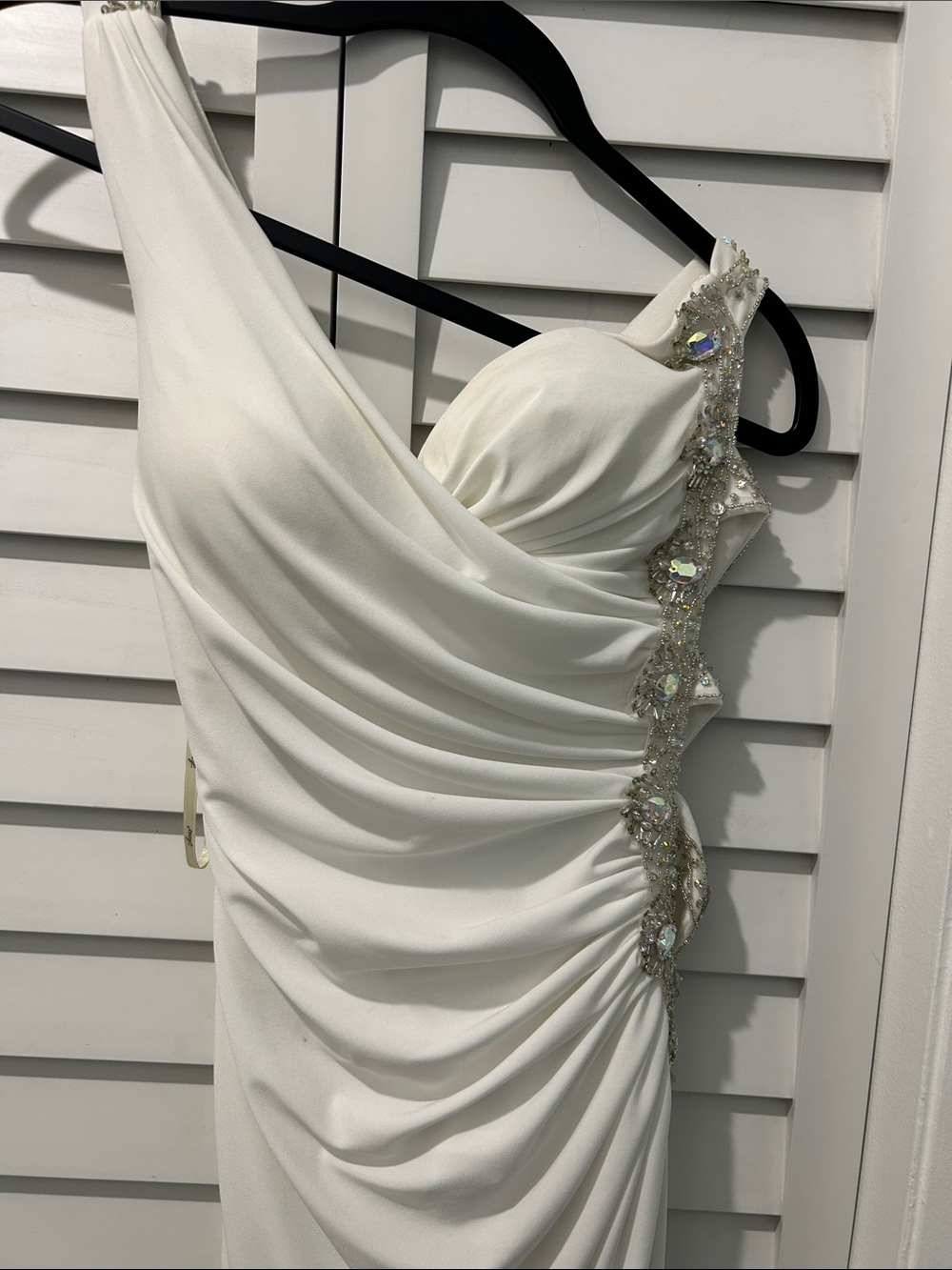Elegant White One-Shoulder Ruched Evening Dress with Crystal Trim